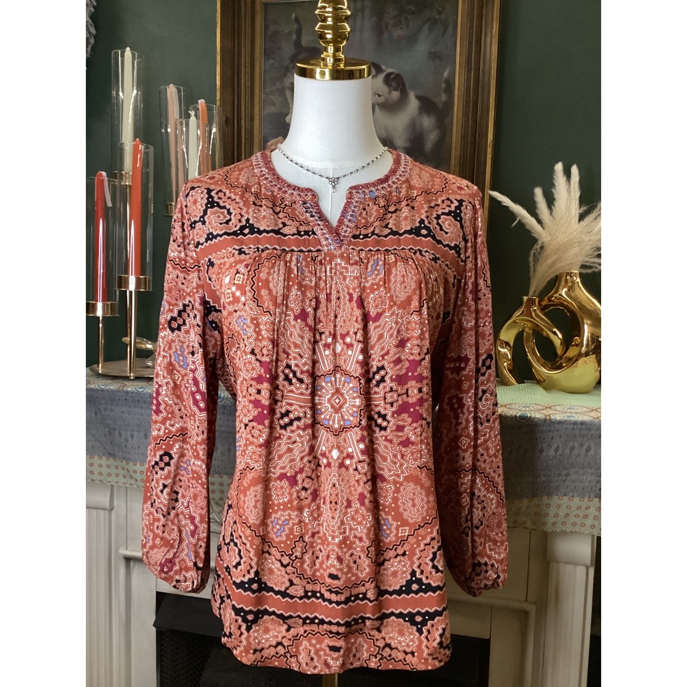 Nurture Westbound Petites Terracotta Medallion Print Embroidered Boho Blouse PL